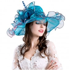Blue Mujers Organza Church Summer Wide Brim Kentucky Derby Hat Party Wedding Cap  eb-53939826